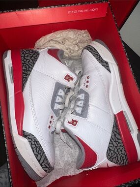 Air Jordan 3 Retro White Red Grey Elephant Print Sneakers